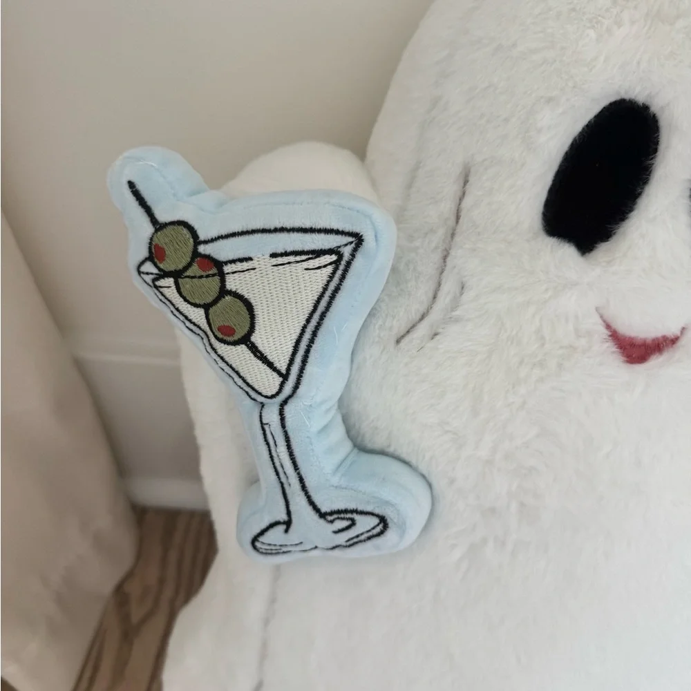 Plush Ghost Pillow with Martini Glasses - White